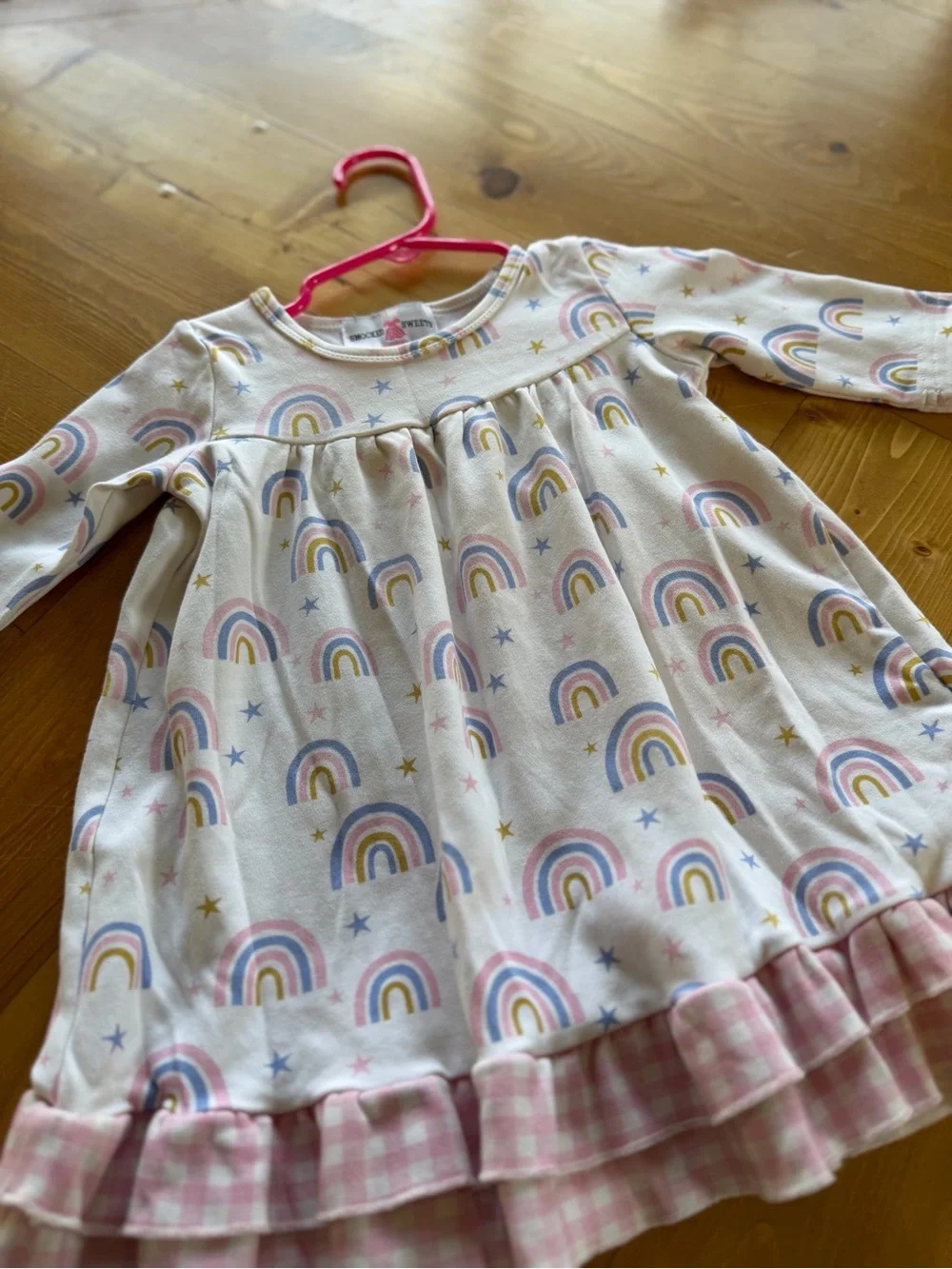 18 M Smocked sweets Rainbow Print Nightgown / Dress with Pink Gingham Ruffle